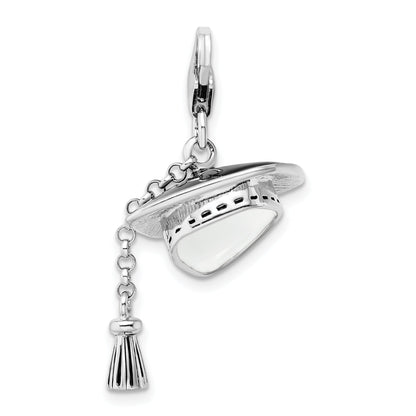 Sterling Silver Amore La Vita Rhodium-Plated Polished 3-D Moveable Graduation Cap And Tassel Charm With Fancy Lobster Clasp