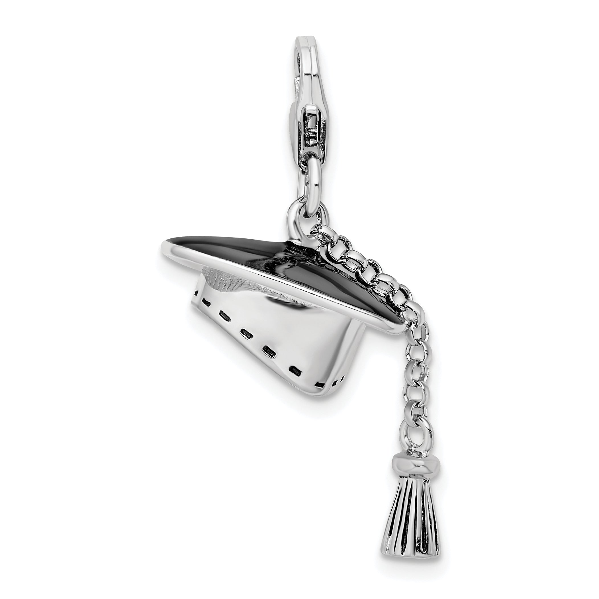 Sterling Silver Amore La Vita Rhodium-Plated Polished 3-D Moveable Graduation Cap And Tassel Charm With Fancy Lobster Clasp