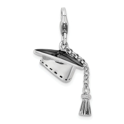 Sterling Silver Amore La Vita Rhodium-Plated Polished 3-D Moveable Graduation Cap And Tassel Charm With Fancy Lobster Clasp