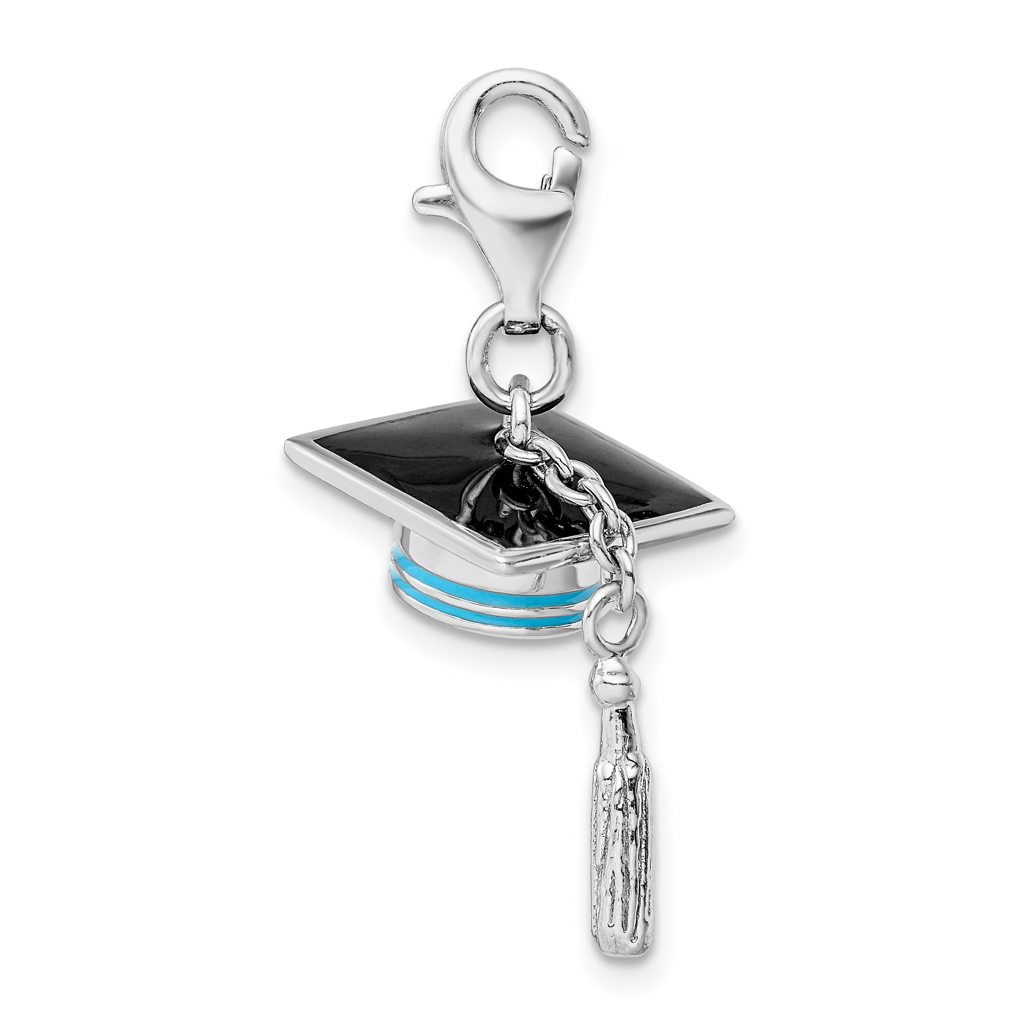 Sterling Silver Amore La Vita Rhodium-Plated Polished 3-D Moveable Blue Enameled Graduation Cap Charm With Fancy Lobster Clasp