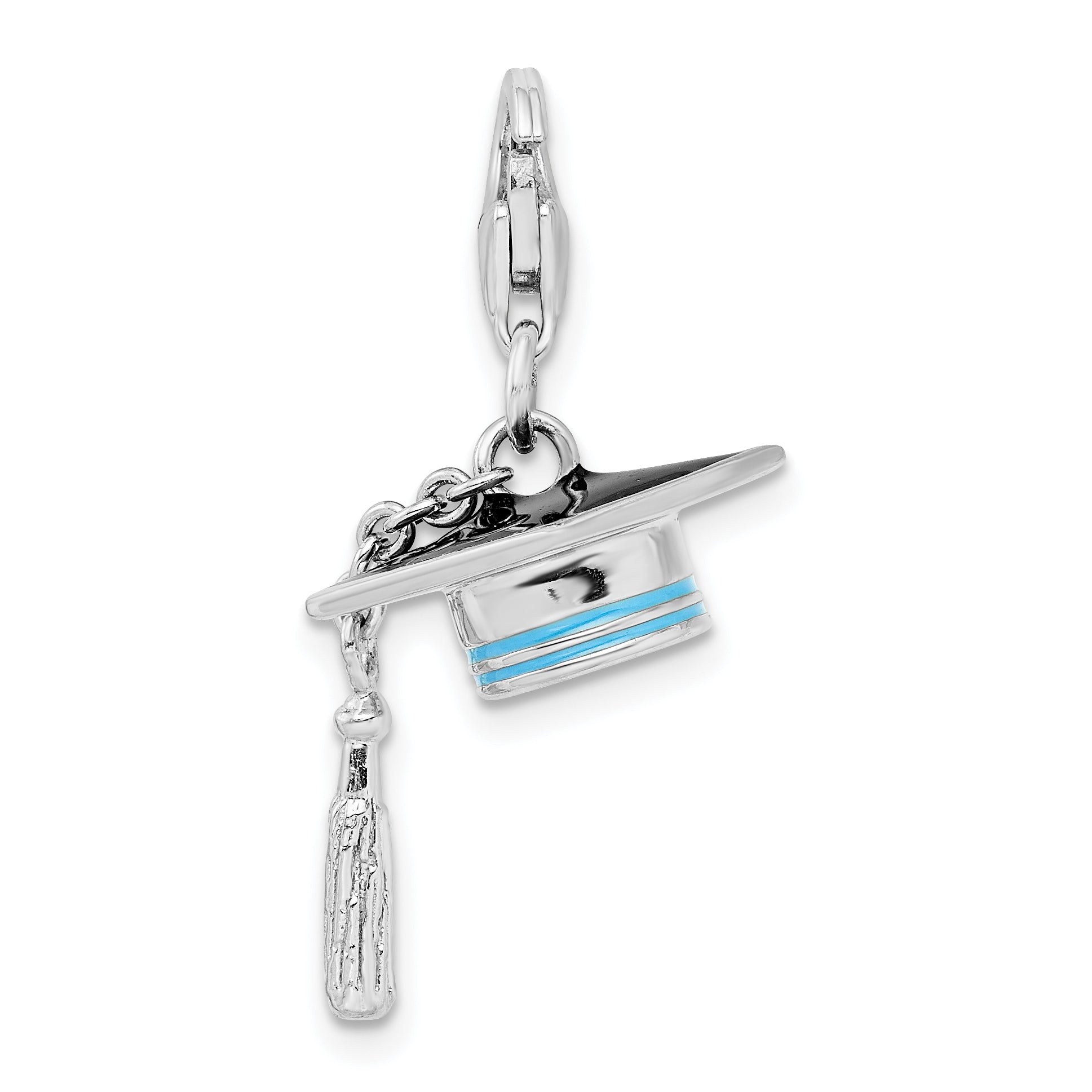 Sterling Silver Amore La Vita Rhodium-Plated Polished 3-D Moveable Blue Enameled Graduation Cap Charm With Fancy Lobster Clasp