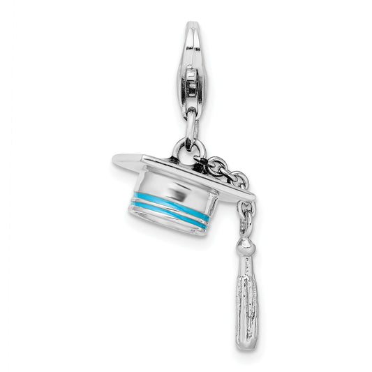 Sterling Silver Amore La Vita Rhodium-Plated Polished 3-D Moveable Blue Enameled Graduation Cap Charm With Fancy Lobster Clasp
