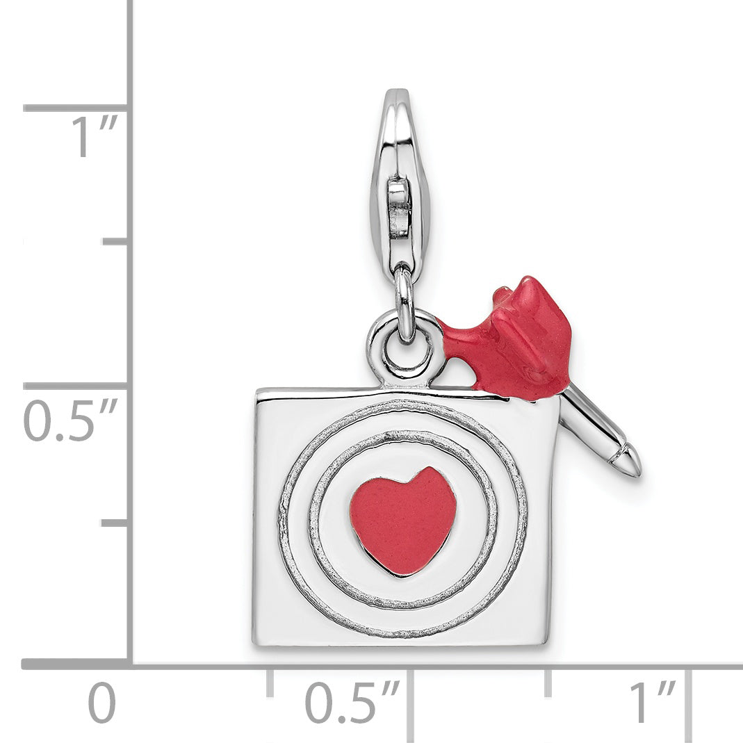 Sterling Silver Amore La Vita Rhodium-Plated Polished Enameled Bullseye And Heart Arrow Charm With Fancy Lobster Clasp