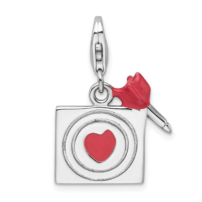 Sterling Silver Amore La Vita Rhodium-Plated Polished Enameled Bullseye And Heart Arrow Charm With Fancy Lobster Clasp