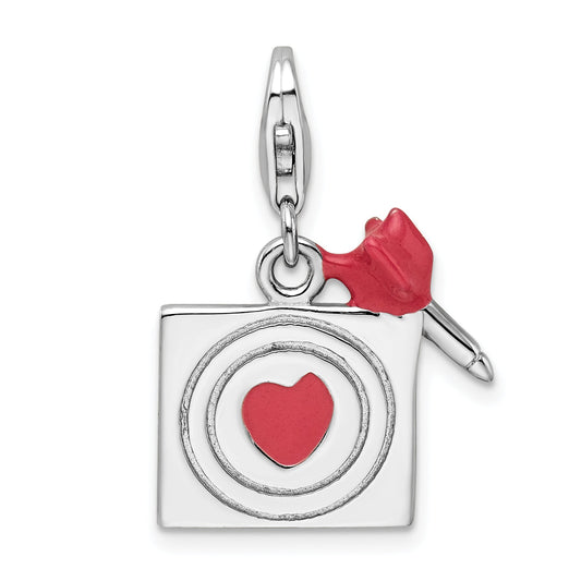 Sterling Silver Amore La Vita Rhodium-Plated Polished Enameled Bullseye And Heart Arrow Charm With Fancy Lobster Clasp