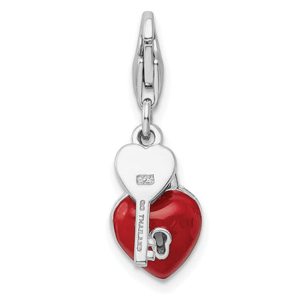 Sterling Silver Amore La Vita Rhodium-plated Polished 3-D Enameled Heart And Key Charm with Fancy Lobster Clasp