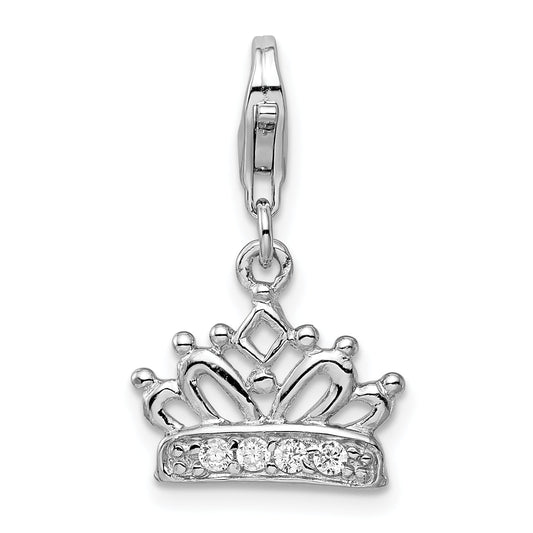 Sterling Silver Amore La Vita Rhodium-Plated Polished Cz Crown Charm With Fancy Lobster Clasp