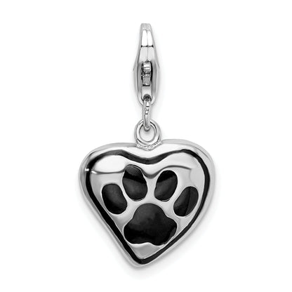 Sterling Silver Amore La Vita Rhodium-Plated Polished Enameled Heart With Dog Paw Print Charm