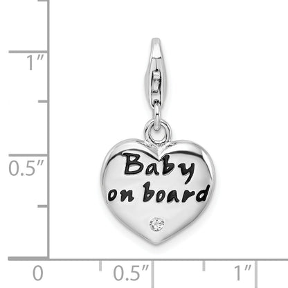 Sterling Silver Amore La Vita Rhodium-Plated Polished Enameled Cz Baby On Board Heart Charm With Fancy Lobster Clasp
