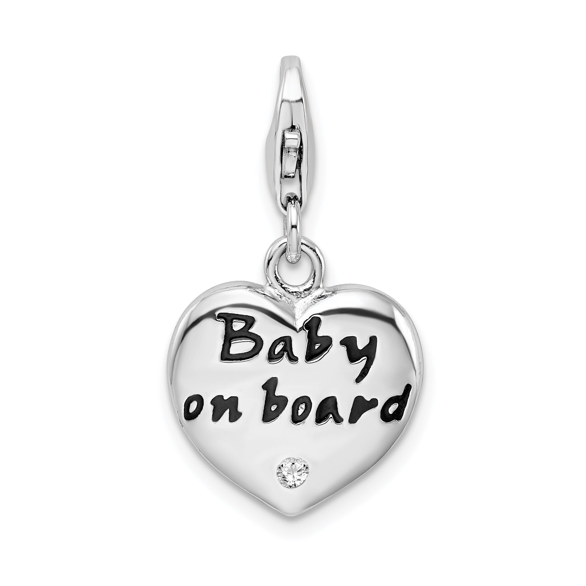Sterling Silver Amore La Vita Rhodium-Plated Polished Enameled Cz Baby On Board Heart Charm With Fancy Lobster Clasp