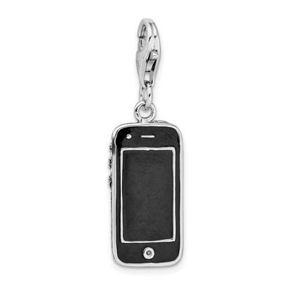 Sterling Silver Amore La Vita Rhodium-Plated Polished Black Enameled 3-D Cell Phone Charm