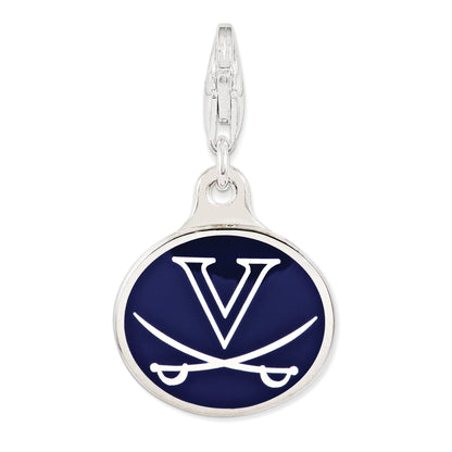 Sterling Silver Amore La Vita Rhodium-Plated Polished Enameled University Of Virginia Charm With Fancy Lobster Clasp