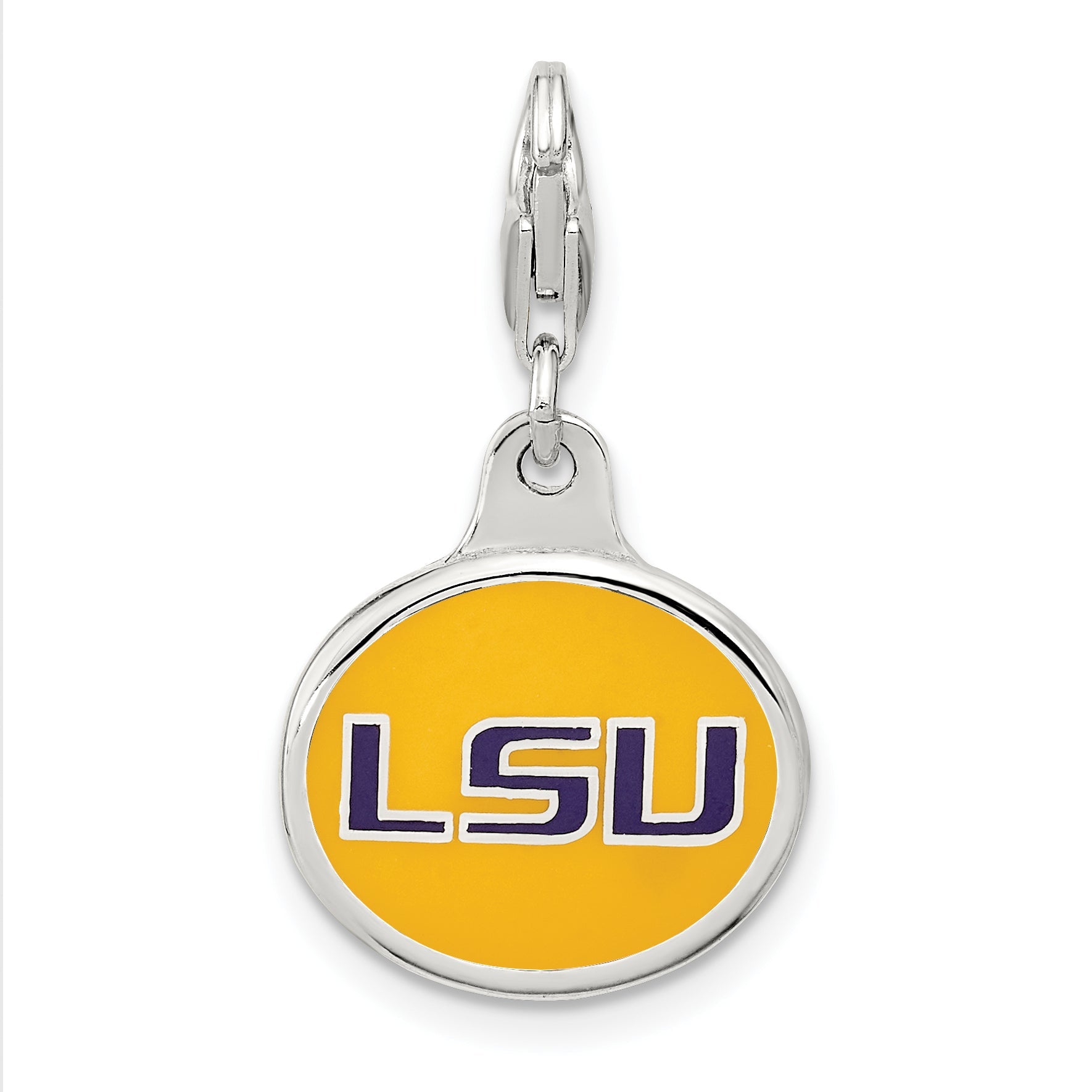 Sterling Silver Amore La Vita Rhodium-Plated Polished Enameled Louisiana State University Charm With Fancy Lobster Clasp