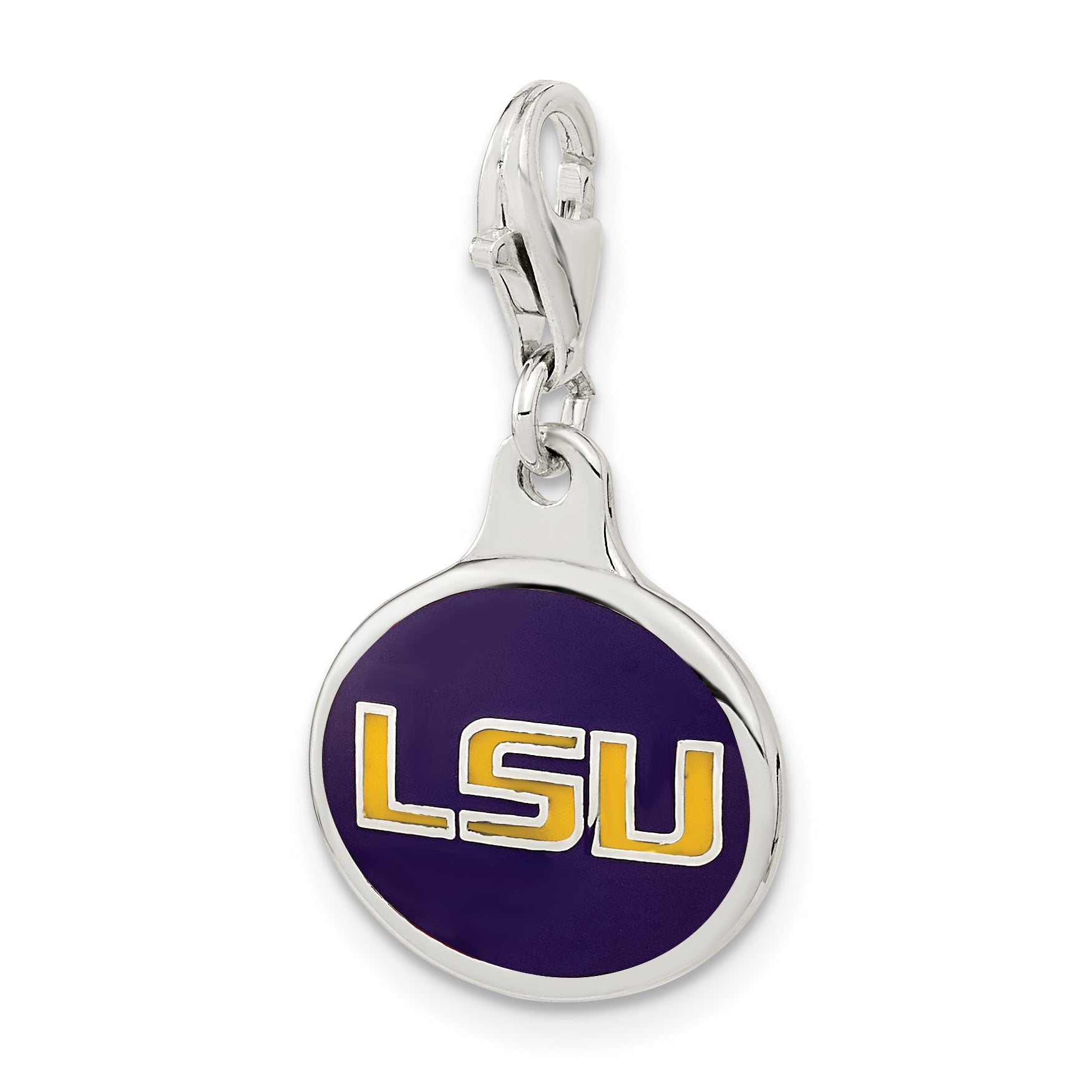 Sterling Silver Amore La Vita Rhodium-Plated Polished Enameled Louisiana State University Charm With Fancy Lobster Clasp