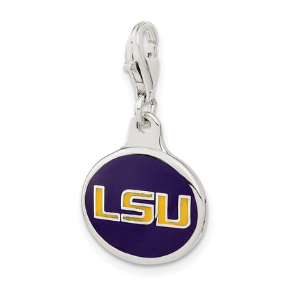 Sterling Silver Amore La Vita Rhodium-Plated Polished Enameled Louisiana State University Charm With Fancy Lobster Clasp