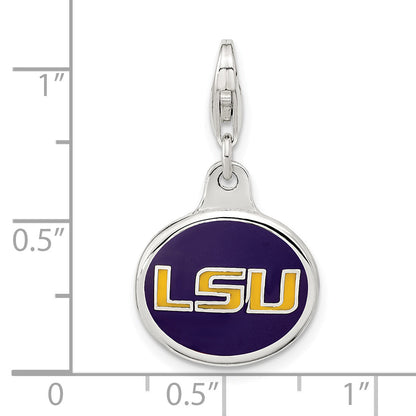 Sterling Silver Amore La Vita Rhodium-Plated Polished Enameled Louisiana State University Charm With Fancy Lobster Clasp