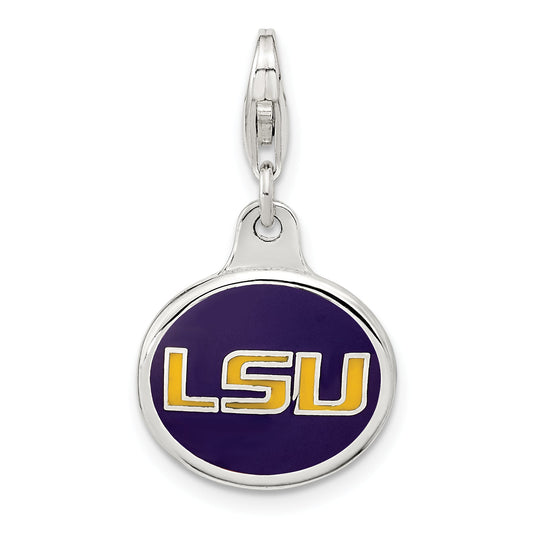 Sterling Silver Amore La Vita Rhodium-Plated Polished Enameled Louisiana State University Charm With Fancy Lobster Clasp
