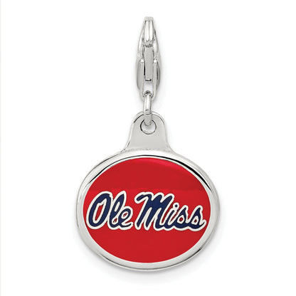 Sterling Silver Amore La Vita Rhodium-Plated Polished Enameled University Of Mississippi Charm With Fancy Lobster Clasp