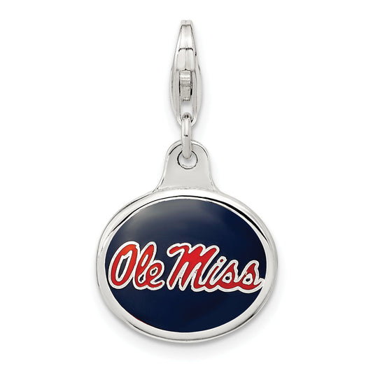 Sterling Silver Amore La Vita Rhodium-Plated Polished Enameled University Of Mississippi Charm With Fancy Lobster Clasp