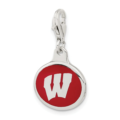 Sterling Silver Amore La Vita Rhodium-Plated Polished Enameled University Of Wisconsin Charm With Fancy Lobster Clasp