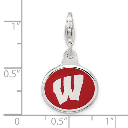Sterling Silver Amore La Vita Rhodium-Plated Polished Enameled University Of Wisconsin Charm With Fancy Lobster Clasp