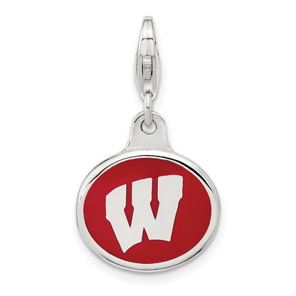Sterling Silver Amore La Vita Rhodium-Plated Polished Enameled University Of Wisconsin Charm With Fancy Lobster Clasp