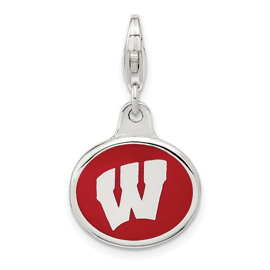 Sterling Silver Amore La Vita Rhodium-Plated Polished Enameled University Of Wisconsin Charm With Fancy Lobster Clasp