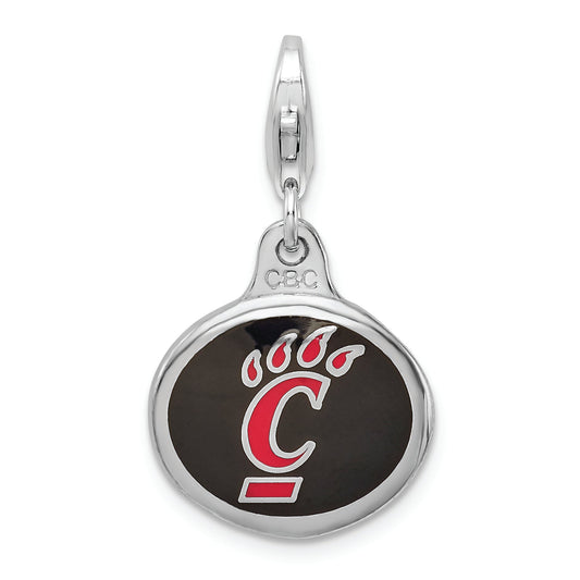 Sterling Silver Amore La Vita Rhodium-Plated Polished Enameled University Of Cincinnati Charm With Fancy Lobster Clasp