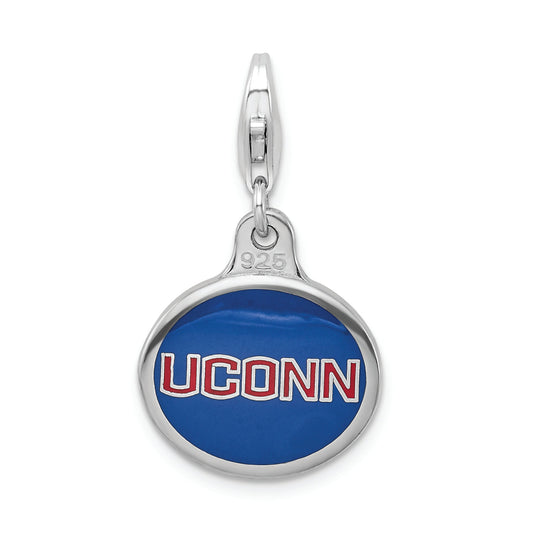 Sterling Silver Amore La Vita Rhodium-Plated Polished Enameled University Of Connecticut Charm With Fancy Lobster Clasp