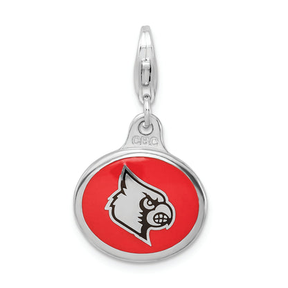 Sterling Silver Amore La Vita Rhodium-Plated Polished Enameled University Of Louisville Charm With Fancy Lobster Clasp