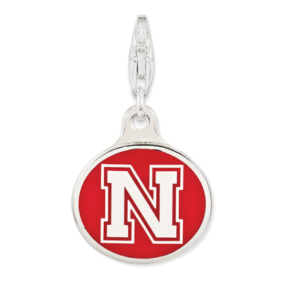 Sterling Silver Amore La Vita Rhodium-Plated Polished Enameled University Of Nebraska Charm With Fancy Lobster Clasp