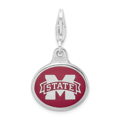 Sterling Silver Amore La Vita Rhodium-Plated Polished Enameled Mississippi State University Charm With Fancy Lobster Clasp