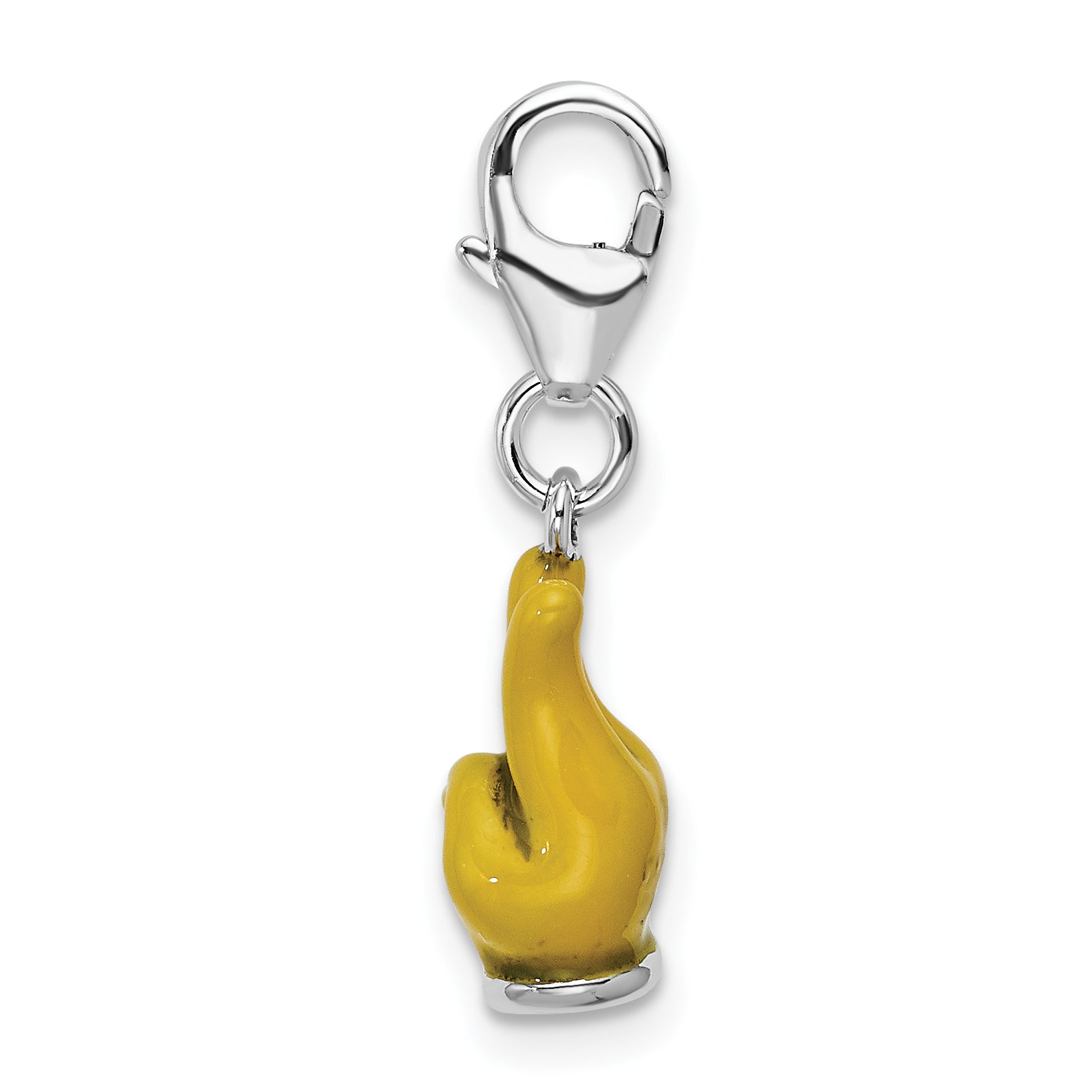Sterling Silver Amore La Vita Rhodium-Plated Polished 3-D Yellow Enameled Hand With Peace Sign Charm Fancy Lobster Clasp