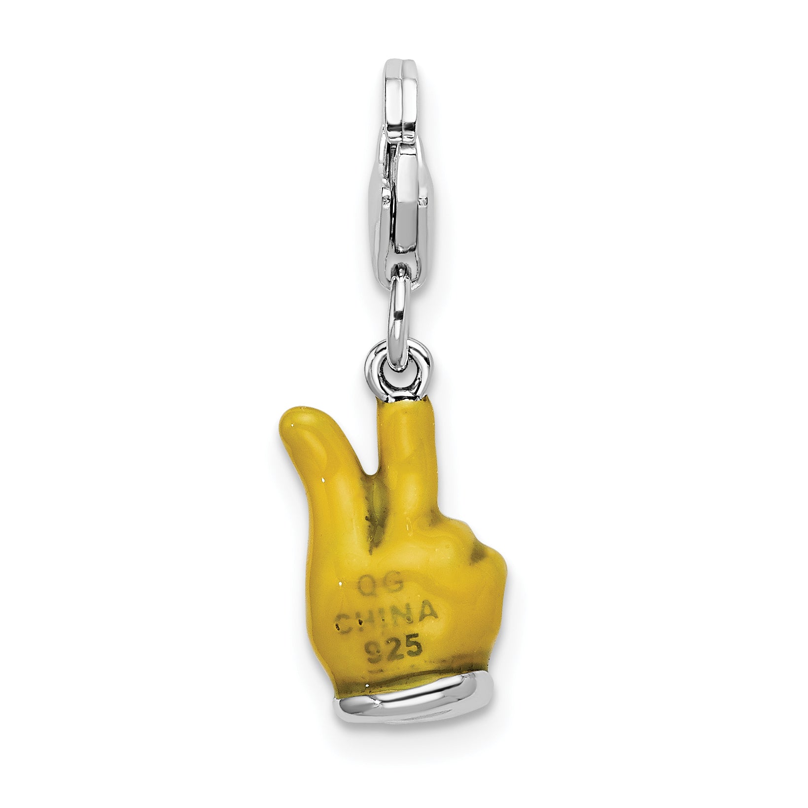 Sterling Silver Amore La Vita Rhodium-Plated Polished 3-D Yellow Enameled Hand With Peace Sign Charm Fancy Lobster Clasp