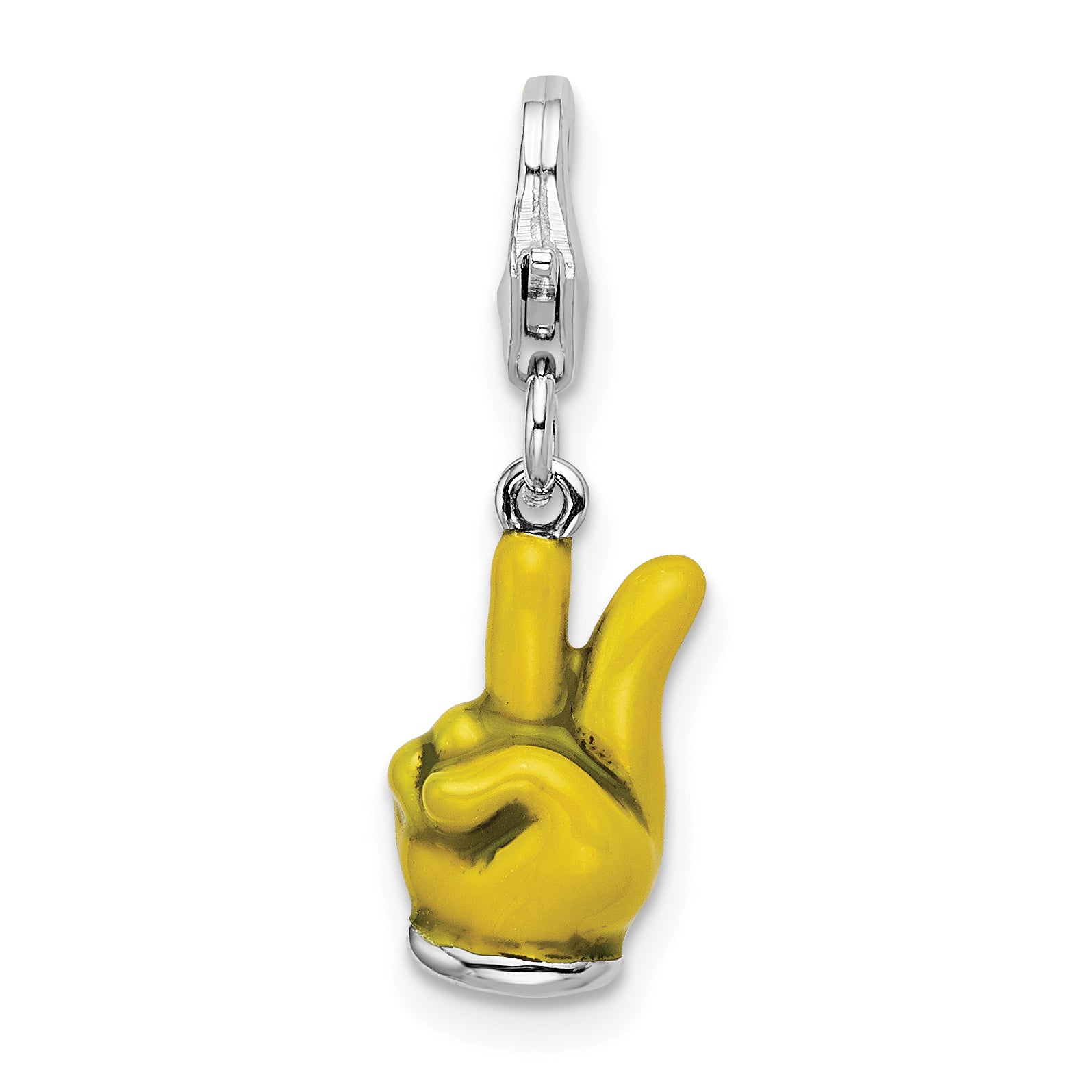 Sterling Silver Amore La Vita Rhodium-Plated Polished 3-D Yellow Enameled Hand With Peace Sign Charm Fancy Lobster Clasp