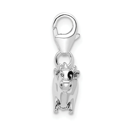 Sterling Silver Amore La Vita Rhodium-Plated Polished 3-D Enameled Cow Charm With Fancy Lobster Clasp