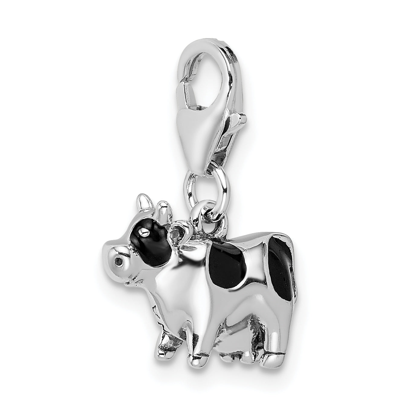 Sterling Silver Amore La Vita Rhodium-Plated Polished 3-D Enameled Cow Charm With Fancy Lobster Clasp