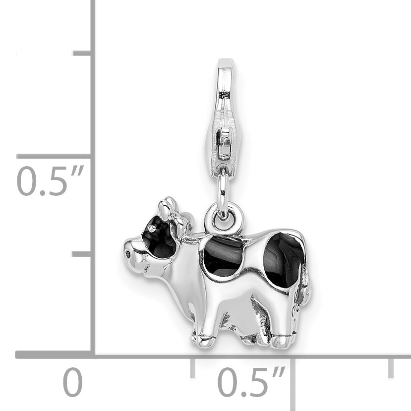 Sterling Silver Amore La Vita Rhodium-Plated Polished 3-D Enameled Cow Charm With Fancy Lobster Clasp
