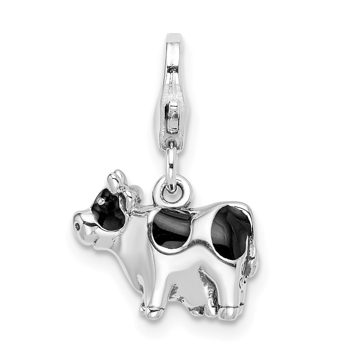 Sterling Silver Amore La Vita Rhodium-Plated Polished 3-D Enameled Cow Charm With Fancy Lobster Clasp