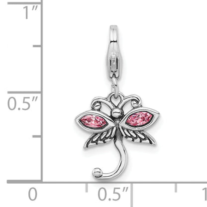 Sterling Silver Amore La Vita Rhodium-Plated Polished Pink Crystal From Swarovski Dragonfly Charm With Fancy Lobster Clasp