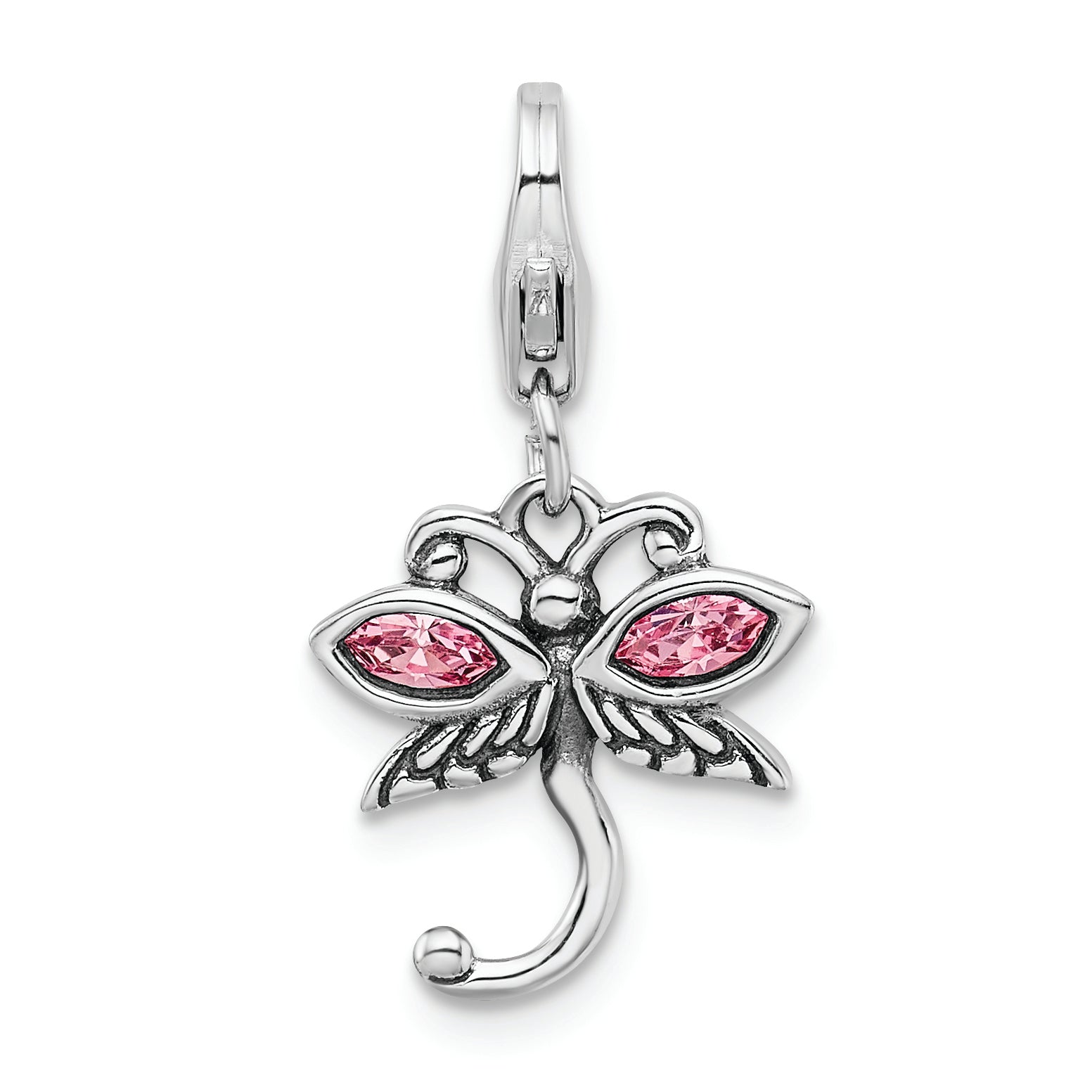 Sterling Silver Amore La Vita Rhodium-Plated Polished Pink Crystal From Swarovski Dragonfly Charm With Fancy Lobster Clasp