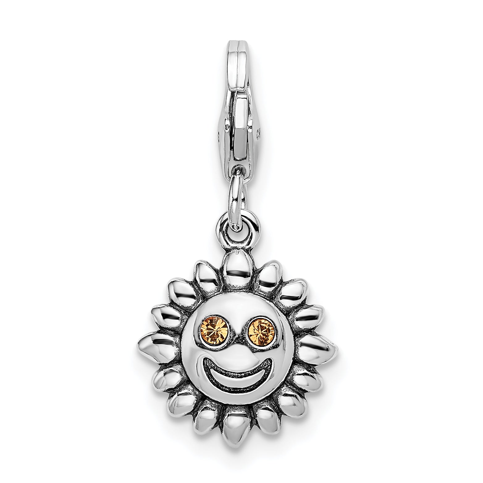 Sterling Silver Amore La Vita Rhodium-Plated Polished 3-D Yellow Crystal From Swarovski Sun Charm With Fancy Lobster Clasp
