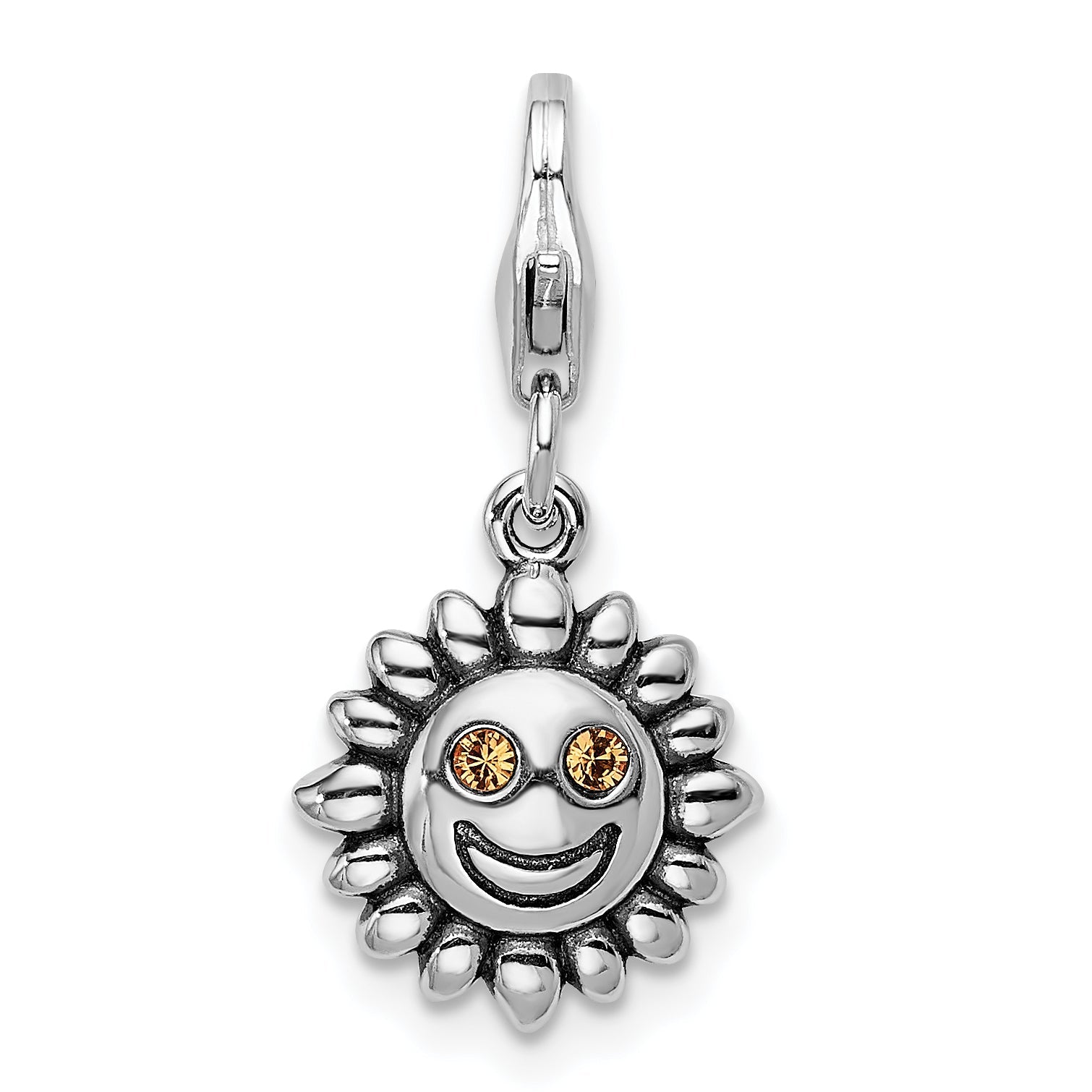 Sterling Silver Amore La Vita Rhodium-Plated Polished 3-D Yellow Crystal From Swarovski Sun Charm With Fancy Lobster Clasp