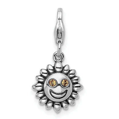 Sterling Silver Amore La Vita Rhodium-Plated Polished 3-D Yellow Crystal From Swarovski Sun Charm With Fancy Lobster Clasp
