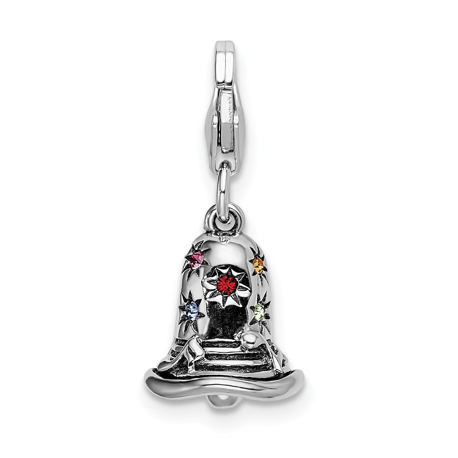Sterling Silver Amore La Vita Rhodium-Plated Polished 3-D Pink Red Blue Yellow And Green Crystal From Swarovski Bell Charm With Fancy Lobster Clasp