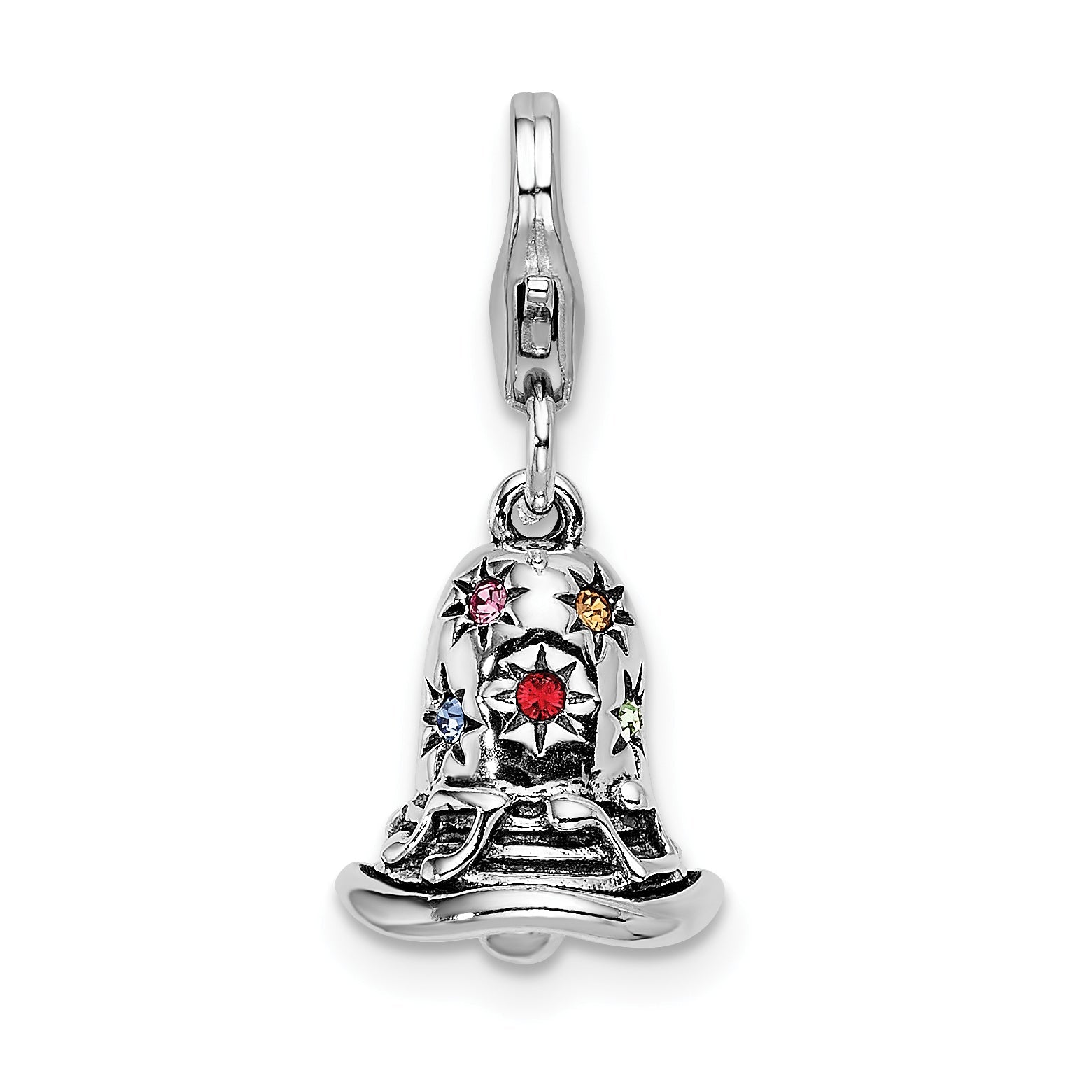 Sterling Silver Amore La Vita Rhodium-Plated Polished 3-D Pink Red Blue Yellow And Green Crystal From Swarovski Bell Charm With Fancy Lobster Clasp