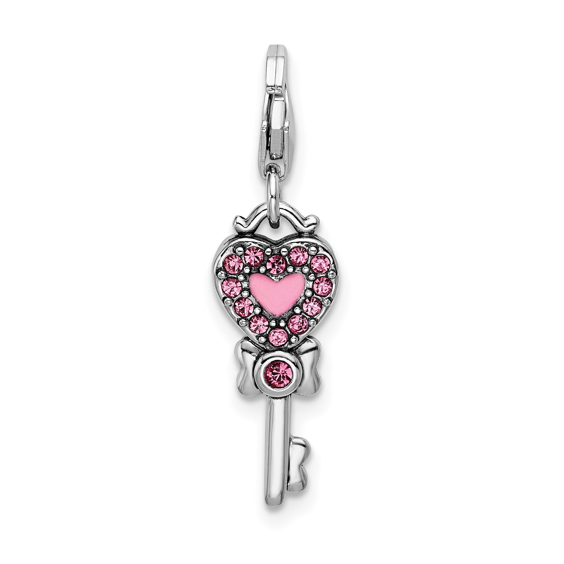 Sterling Silver Amore La Vita Rhodium-Plated Polished 3-D Pink And Blue Crystal From Swarovski Enameled Reversible Heart Key Charm With Fancy Lobster Clasp
