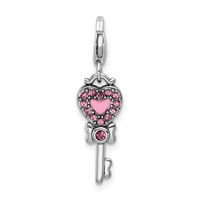 Sterling Silver Amore La Vita Rhodium-Plated Polished 3-D Pink And Blue Crystal From Swarovski Enameled Reversible Heart Key Charm With Fancy Lobster Clasp