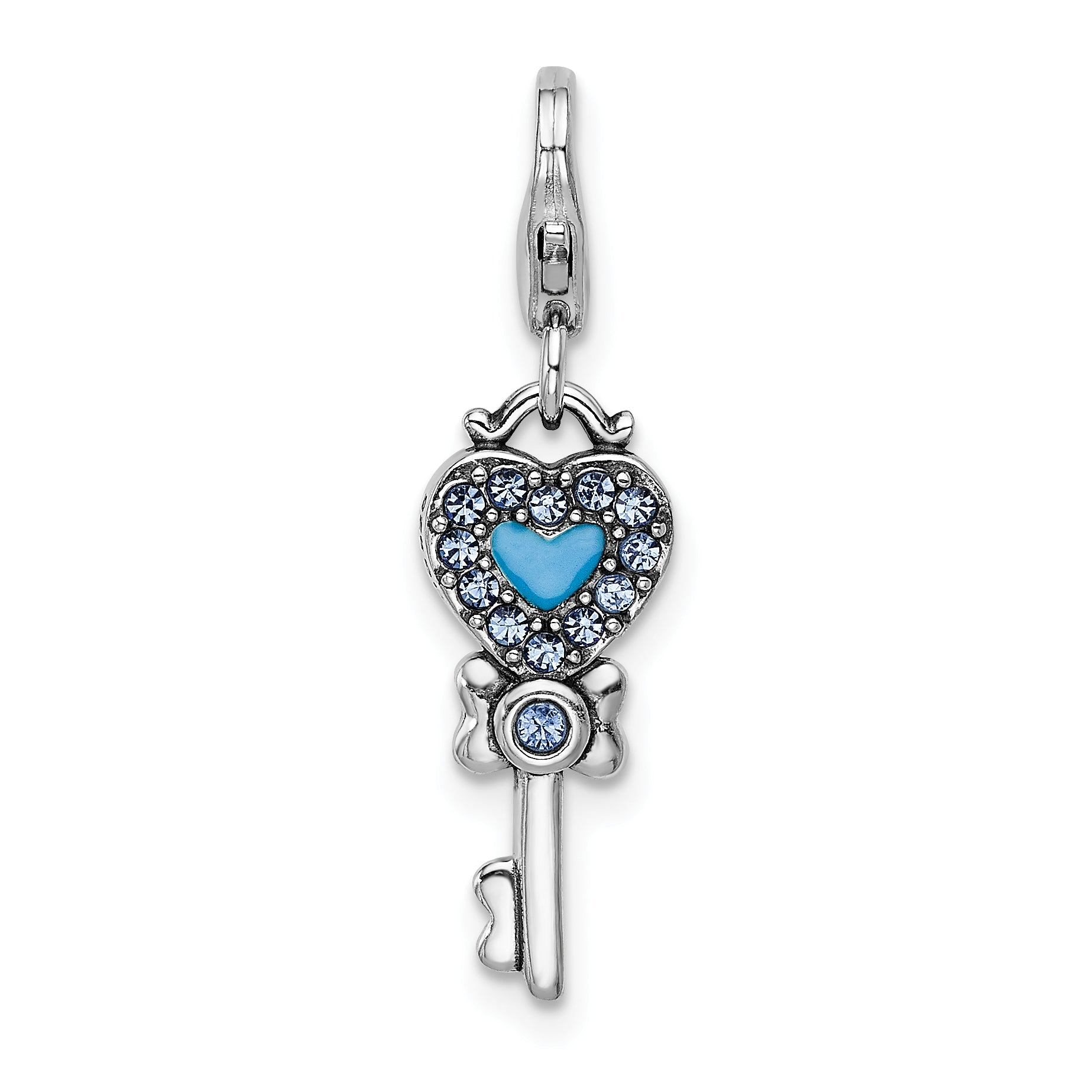 Sterling Silver Amore La Vita Rhodium-Plated Polished 3-D Pink And Blue Crystal From Swarovski Enameled Reversible Heart Key Charm With Fancy Lobster Clasp