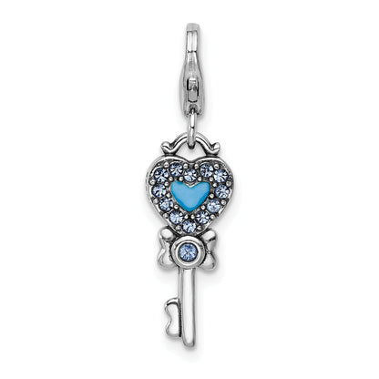 Sterling Silver Amore La Vita Rhodium-Plated Polished 3-D Pink And Blue Crystal From Swarovski Enameled Reversible Heart Key Charm With Fancy Lobster Clasp